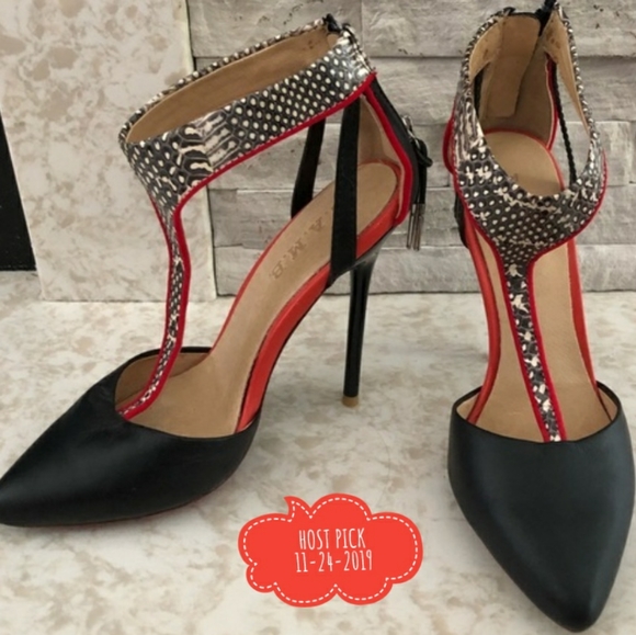 L.A.M.B. Shoes - L.A.M.B. Black Red & Snake Skin Pump Shoes SZ 7.5